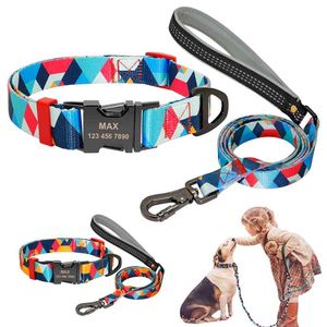 Custom Dog Collar Leash Set Personliga Tryckta Namnskylt ID Collar Nylon Hund Ledning För Leash Graved Pet Tag Collar Pitbull 210729