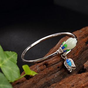 100%925 Mulheres de prata esterlina Braceletsbangles com Jade Natural Gravado Magnolia Flor Cloisonne Processo de Jóias Aberta de Jóias