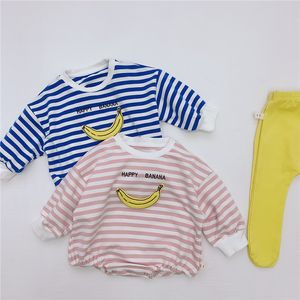Spring Autumn cute banana embroidery striped bodysuits Baby boys and girls cotton casual outwears 210508