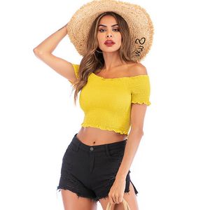 Kapalı Omuz Ruffled Kırpma Üst Femme Zarif Seksi Tank Yüksek Elastik Kadın Yaz Streetwear Giyim Tatil Rahat Kısa 210507