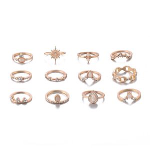 Cluster Rings ROMAD 12Pcs/pack Bohemia Set Vintage Crown Water Drops Stars Geometric Crystal Opal Ring Women Bridal Party Jewelry R3