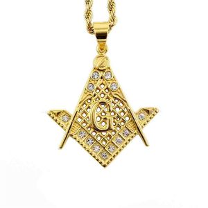 Mais novo Hip Hop Ouro Aço Inoxidável Freemason Colar Mason Masonry Compass Quadrado Fraternidade Pingente Presente Jóias com Rhinestone