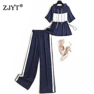 Fashion Summer Women's Tracksuit 2 Piece Sets Outfits Casual Short Sleeve Color Block Hooded Top and Pants Suit Female Clothing 210601