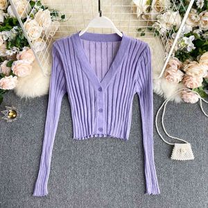 Mulheres Singreiny Retro Cardigan Cardigan V Pescoço Botão de Manga Longa Streetwear Tops Primavera Coreano Elástico Slim Roupas à Prova de Sol 210419