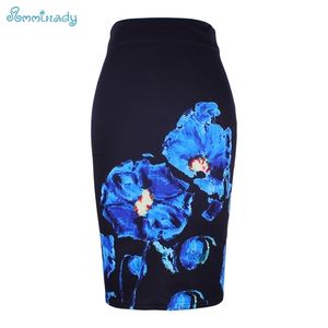 Ankomst Blue Flower Print Kvinnor Penna Kjolar Lady Midi Saias Kvinna Svart Faldas Flickor Slim Bottoms S-4XL Gratis 210629