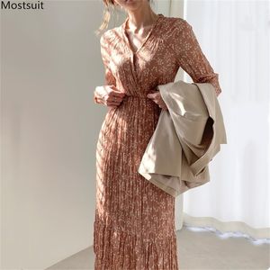 Spring Elegant Long Chiffon Floral Dress Women V-neck Full Sleeve Tunic Bandage Sexy Dresses Korean Ropa Mujer 210513