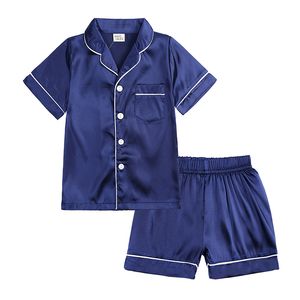 Sommer-Pyjama-Set für Kinder, Seide, Satin, Homewear, Jungen- und Mädchen-Kleidungsset, Pyjama, kurzärmelige Bluse, Tops + Shorts, Nachtwäsche