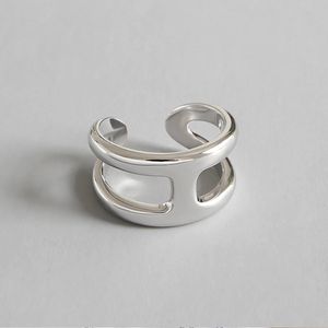 925 Sterling Silver Very Simple Glossy Double H Personality Opening Adjustable Ring Lady's Simple Geometric Ring Accessories 210507