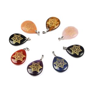 Natursten vatten-drop form charm hängande halsband graverade hexagram sex ord mantra sanskrit reiki symbol hang accessorie läka kristall religion smycken