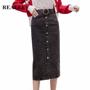 Herbst Winter Vintage Denim Hülle Wickel Lange Röcke Weibchen mit Gürtel Einreihre Hohe Taille Bleistift Rock Womens 210428