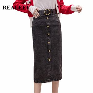 Jesień Zima Vintage Denim Osłona Wrap Długie Spódnice Kobiet Z Pasem Single-Breasted High Waist Ołówek Spódnica Kobiet 210428