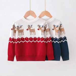 2021 Children's Sweater Christmas Cartoon Elk Girls Boys Knitted Pullover Cotton Kids Woolen Sweater England Style Autumn Winter Y1024