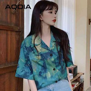 Yaz Chic Kore Tarzı Kravat Boya Kadın Gömlek Gevşek Kısa Kollu Düğme Kadar Bayan Bluzlar Artı Boyutu Kadın Giyim 210521
