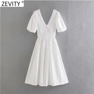 Kvinnor Söt Peter Pan Collar Hollow Out Broderi Casual Slim White Midi Dress Femme Chic Puff Sleeve Vestido DS8266 210420