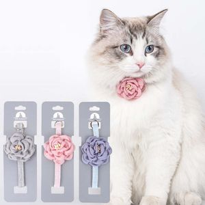 Camellia Flower Cat Collars Pet Puppy Necklace Solid Color Pet Collar Accessories Cotton Adjustable Safety Buckle Collar