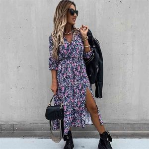 Höst lång blommig tryckklänning klädsel för kvinnor Casual Sleeve Split Kvinna Boho Elegant Maxi Party Vestidos Vår 210427