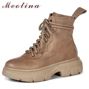 Women Ankle Boots Shoes Real Leather Flat Platform Zipper Cross Tied Ladies Short Autumn Winter Apricot 41 210517 GAI