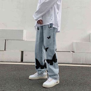 Butterfly Print Jeans For Men Pants 2021 High Waist Zipper Stretch Straight Couples Washed Jeans Casual Light Blue Denim Pants G0104