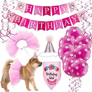 Temas De Fiesta De Cumpleaños Para Niñas al por mayor-Ropa de perro niña rosa mascota fiesta de cumpleaños suministros bufanda sombrero banner falda de globo traje de tema para gato