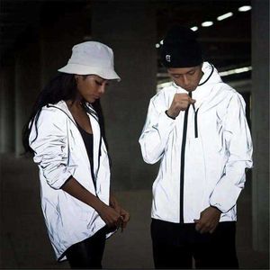 Lichtreflektierende Fahrradjacke, Windjacke, lässiger Hip-Hop, mit Kapuze, Techwear, nachtleuchtende Streetwear, reflektierende Mäntel für Herren, Unisex, X0710