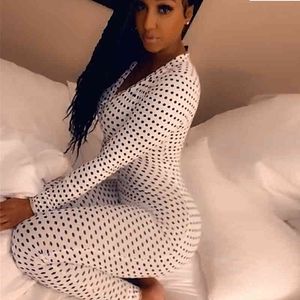 Women White Jumpsuit Polka Dot Bodycon V Neck Long Sleeve Elastic Sexy Club Sheath Female Plus Size XXL Ladies Date Out Playsuit 210416