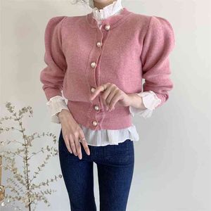 Women Sweaters Pearl Button O-neck Long Sleeve Solid Color Chic Retro Warm All-match Cardigan Autumn Female Coat Tops PL404 210506