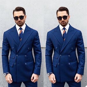 2 Pieces Pinstripe Men Suits Blue Custom Made Wedding Tuxedos Double Breasted Handsome Peaked Lapel Blazer Business Coat+Pant