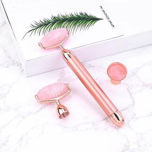 3 IN 1 Electric Roller Face Care Lifting Massager Natural Rose Quartz Facial Rollers Anti Wrinkle Beauty Healing Stone Health Eyes Neck Massage