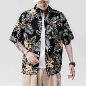 Marca Praia Verão Impressão Flor Mangas Curtas Hawaii Collar Korea Estilo Camisa Para Homens Harajuku Roupas 210721