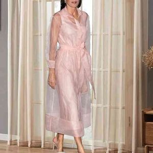 Women Two Pieces Set See Through Outwear Pink Transparent Coat Vest Dress Waist Belt Arican Fashion Party Celebrate Event Suits 210416