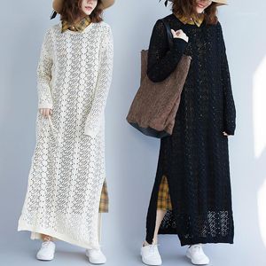 Casual Dresses Plus Size Women's Long Sweater Over The Knee Autumn Style Split Literary Hollow Knit Dress
