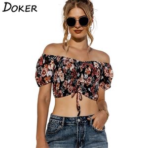 Sommar Kortärmad Blomstryck Slash Neck Crop Top Women Strapless Lantern Backless Drawstring Skinny Womens Tops 210603