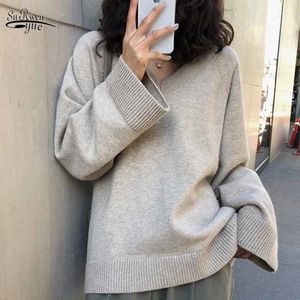 Lazy V-neck Solid Fashion Loose Sweater Women Long Wide Sleeve Knitted Jumper Pullover Tops Winter Clothes 11652 210508