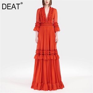 [Deat] Primavera verão moda em v decote em v cintura alta piso-comprimento de três quartos manga vermelho chiffon vestido mulheres 13c476 210527