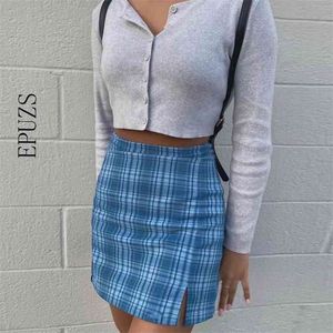 vintage tartan print slit mini skirts womens high waist plaid ladies bodycon pencil summer faldas mujer 210521