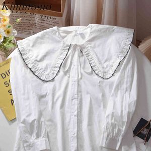 Kimutomo White Chic Blouse Ladies Fungus Peter Pan Collar Shirt Summer Long Sleeve Slim Waist Casual Tops Elegant 210521