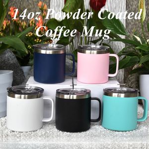 14oz Kaffe Kopp med handtag Rostfritt Stål Pulverlackerat Travel Tumbler Cup Vakuum Isolerad Camping Mugg med lock