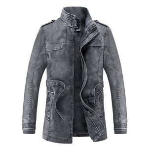 Classic Leather Jacket Men Fashion Style Stand Collar Waist Belt Washed Long PU Leather Coats Trench Male Motorcycle Windbreake