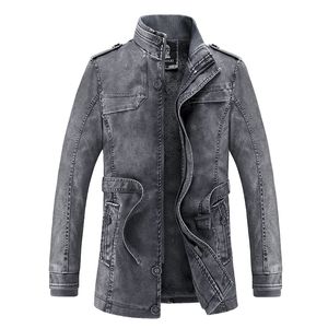 Giacca in pelle classica da uomo stile alla moda colletto alla coreana cintura in vita lavata cappotti lunghi in pelle PU trench da uomo moto frangivento