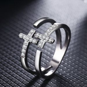Dubbel lager diamant Jesus Cross Ring Band Finger Open justerbar ihålig chunky stapling ringar kvinnor par mode smycken gåva kommer och sandig
