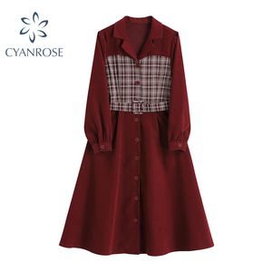 Plaid gespleißtes Kleid koreanische Vintage Revers V-Ausschnitt Langarm elegante rote Vestidos Chic Button Party Urlaub Strand Kleider weiblich 210417