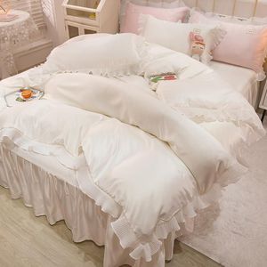 Bedding Sets [Sheet + Quilt Cover+ Pillowcase] Summer Ins Princess Style Cool Ice Silk Breathable Nordic Luxury Bed Skirt Duvet Cover