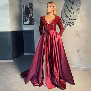 Burgundy Split Long Sleeves Prom Dresses V Neck Beaded Sequined Sweep Train Lace-up Back Satin Formal Evening Gowns