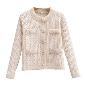 PERHAPS U Damenpullover Strickkabel Rundhalsausschnitt O-Ausschnitt Strickjacke Perlenknopf Beige Schwarz Herbst Solide Kurz Abgeschnitten M0256 210529