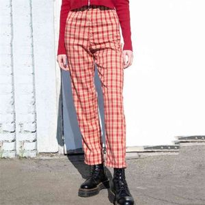 Pantaloni casual da donna retrò lunghi dritti streetwear vita alta pantaloni rossi tartan chic tasca 210427