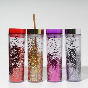 16oz acrílico glitter tumbler parede dupla garrafa de água desobstruída com palha colorido BPA Free Skinny Tumblers Resounable Beber Copos A02