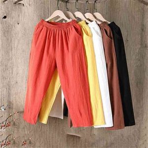 Cotton Linen Pants Women Spring Summer Large Size Solid Color Harem Elastic Waist Loose Casual Woman's Trousers 210915