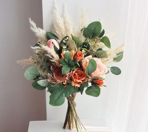 Düğün çiçekleri turuncu pembe retro gelin buket yapay gelin kamış rustik vahşi benzersiz tasarım özelleştirilmiş dekorasyon