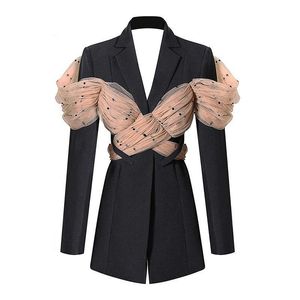 Kvinnor Backless Ladies Black Blazer Coat Belt Mesh Bow Stitching Kvinnors Suitjacka Oregelbundna Lång NE5O Passar Blazers