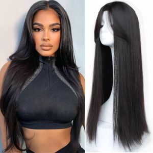 Syntetisk peruker Houyan Long Straight Wig Black Center Split Naturlig Fit HeadGear Full Osynlig W